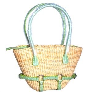 Gabaangs NWT Small Green Faux Leather Accented Woven Straw Summer Tote 12"X7"X4"